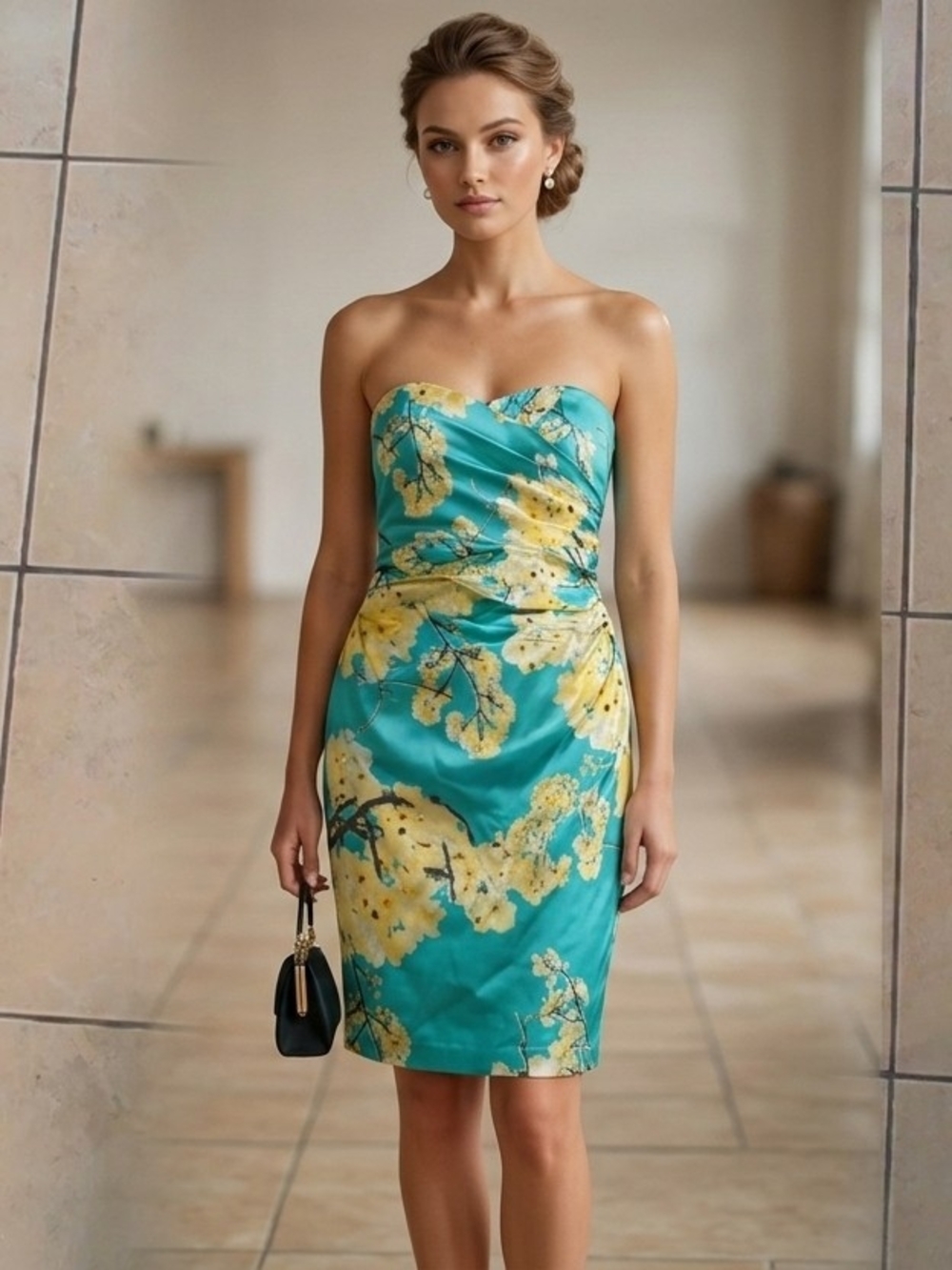 le chateau Strapless Teal Dress with Yellow Floral Print